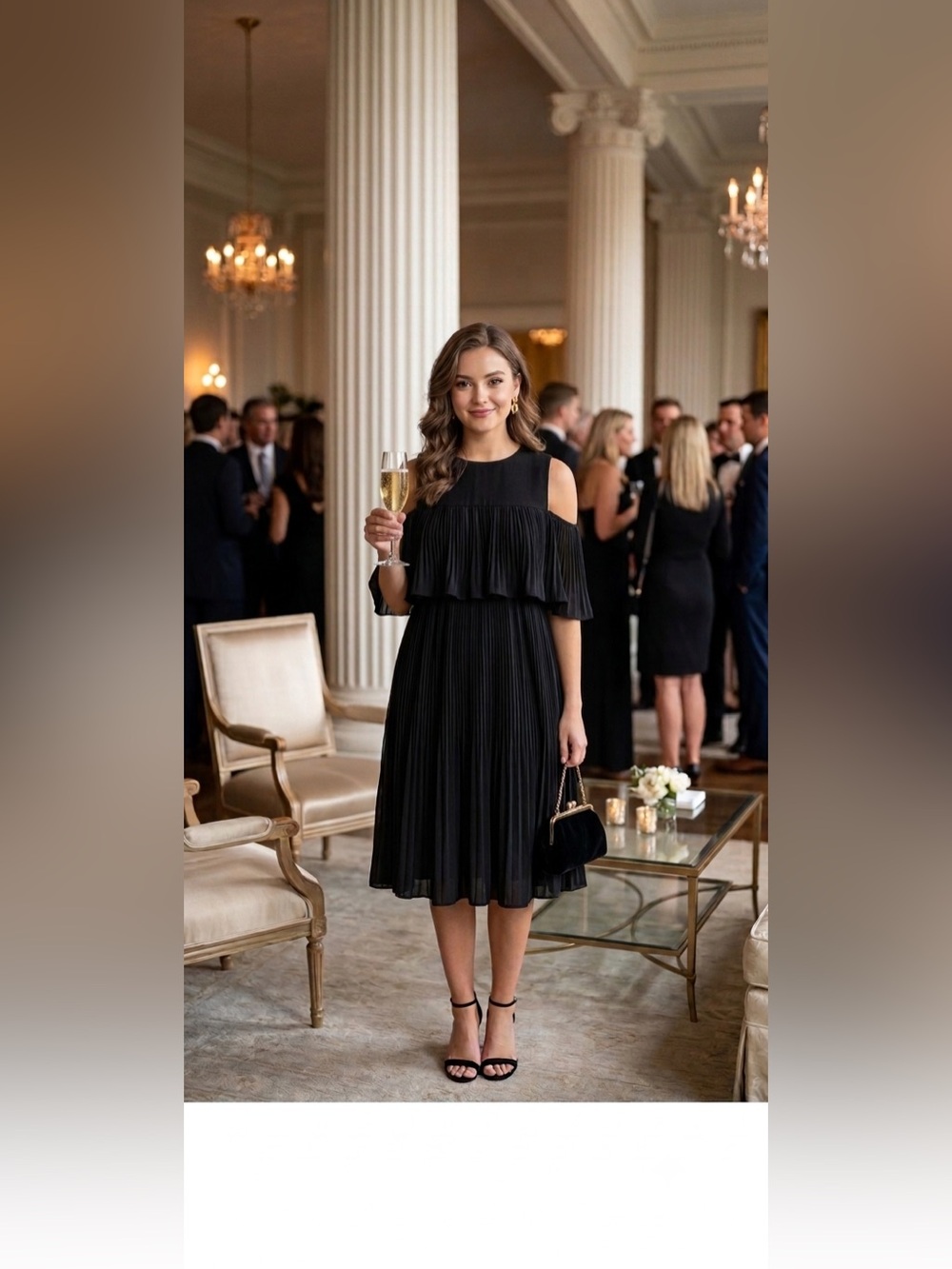 Saks Fifth Ave Off the Shoulder Pleated Layered Black Dress Size Small Classy